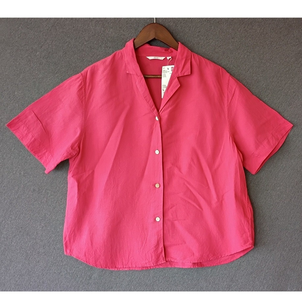 Uniqlo Women Pink Red Linen Blend Open Collar Short Sleeve Shirt Boxy Size L